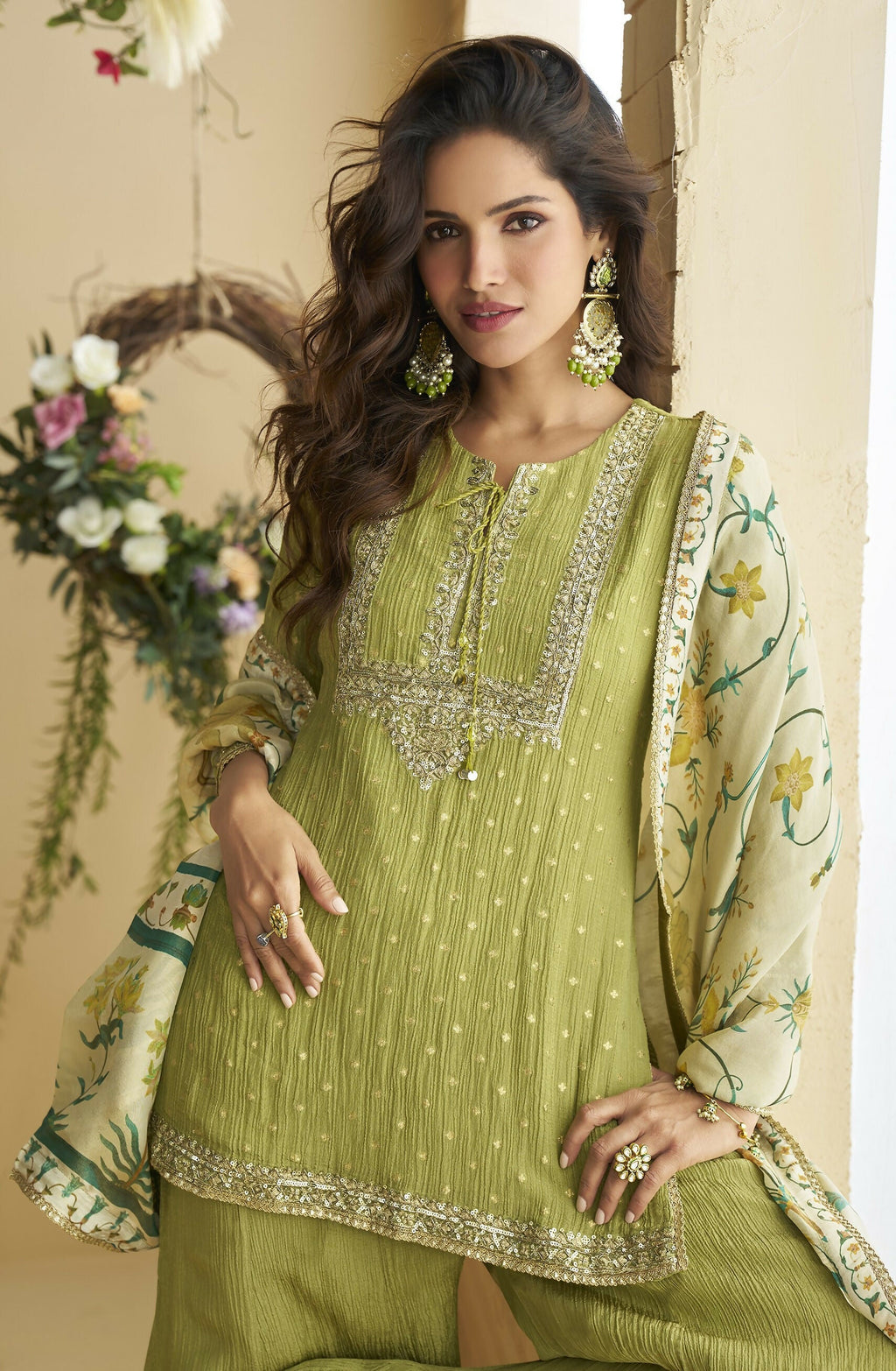 Anaita Green Chinon Readymade Palazzo Suit with Embroidery Sequence Work - Distacart
