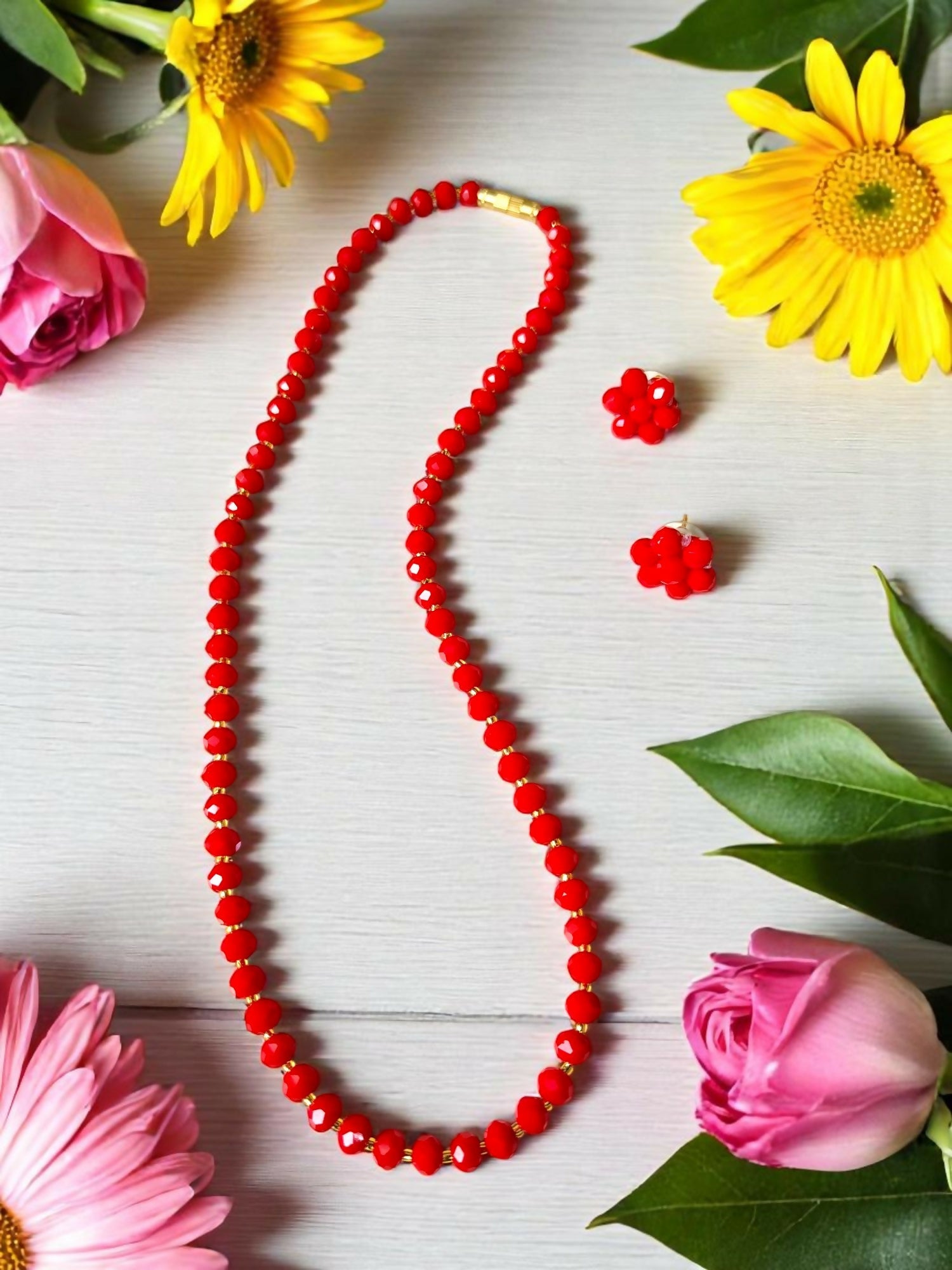 Inhanns Crystal Bloom – Single Line Necklace + Studs - Red
