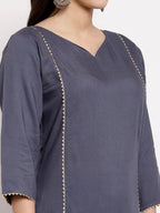 Myshka Women's Grey Cotton Solid 3/4 Sleeve V Neck Casual Kurta Palazzo Dupatta Set