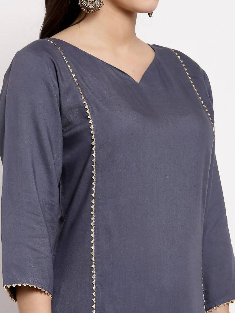 Myshka Women's Grey Cotton Solid 3/4 Sleeve V Neck Casual Kurta Palazzo Dupatta Set