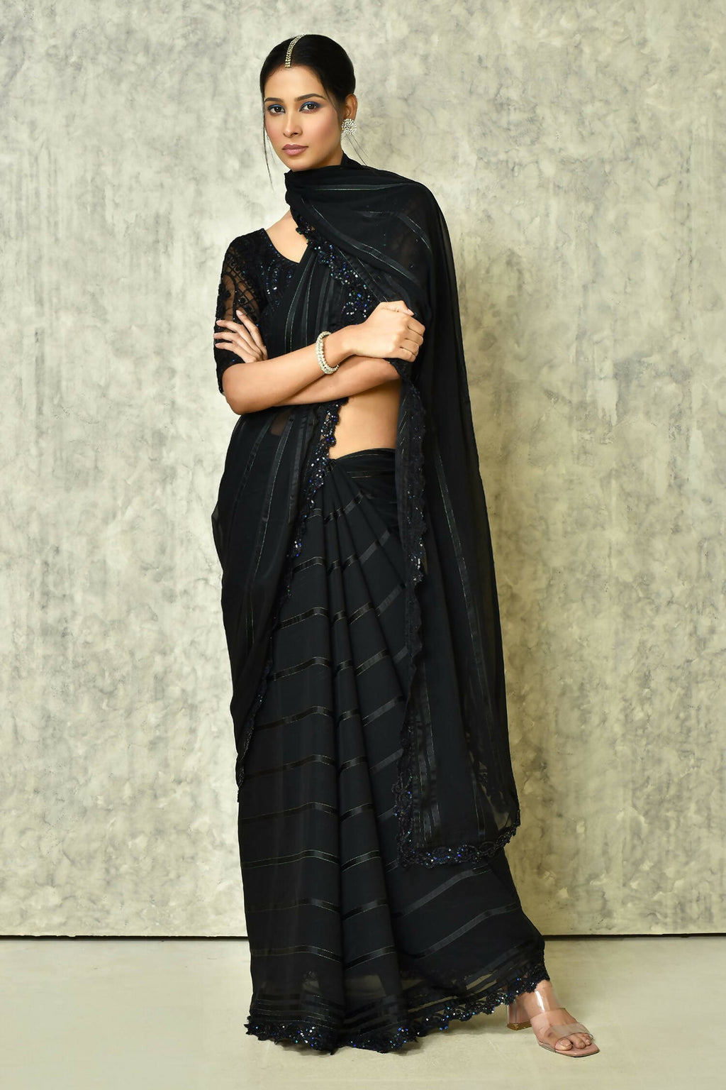 Black Silk Stripe Saree With Blouse Piece - Purvi