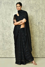 Black Silk Stripe Saree With Blouse Piece - Purvi