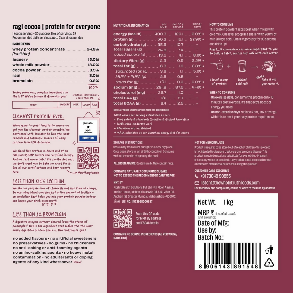 The Whole Truth 15g Protein/Scoop - Ragi Cocoa - Distacart
