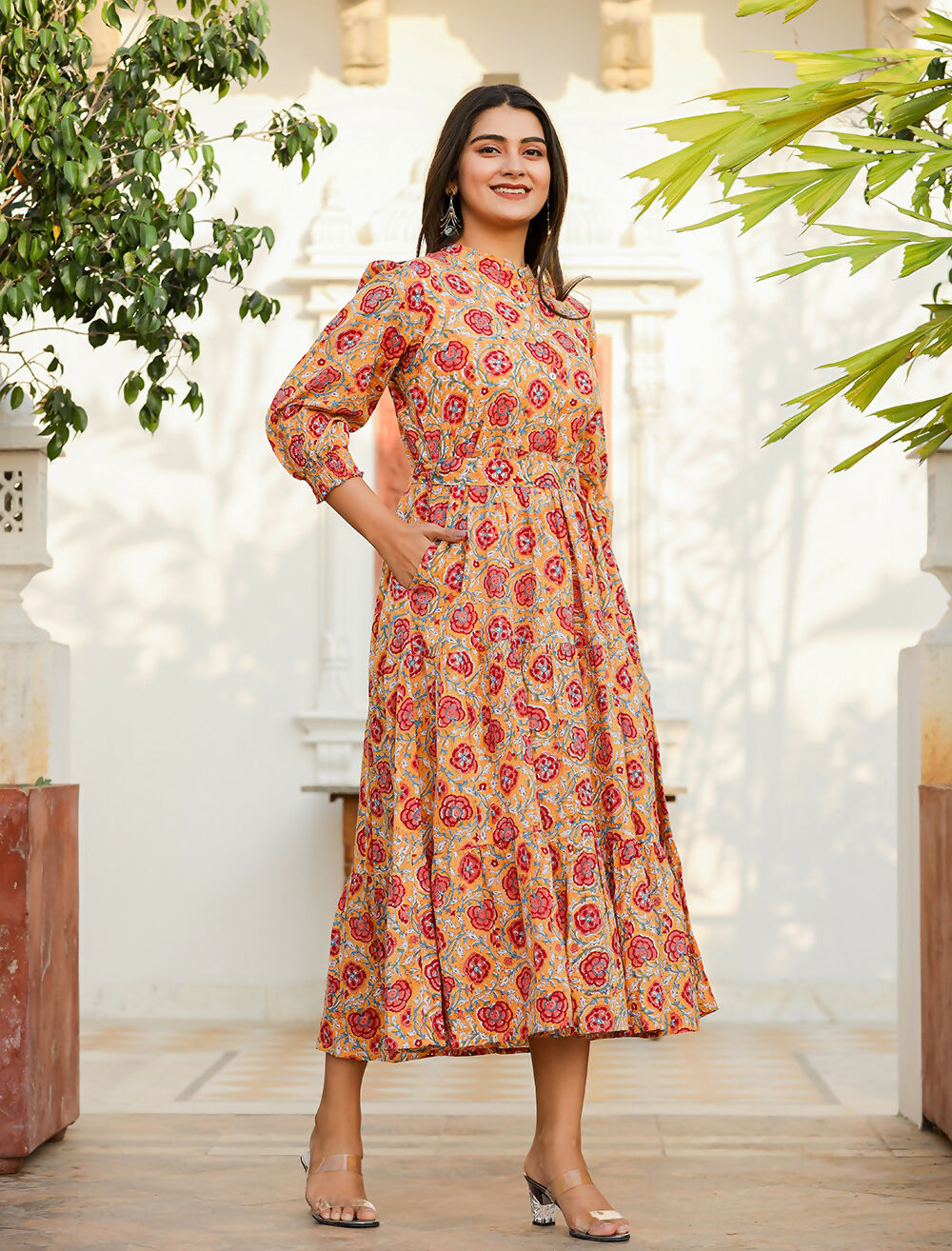 Kaajh Women's Yellow-Red Floral Hand Block Print Cotton Dress - Distacart