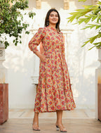 Kaajh Women's Yellow-Red Floral Hand Block Print Cotton Dress - Distacart