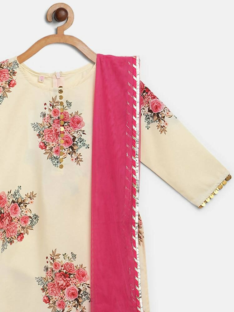 Ahalyaa Beige Crepe Floral Printed Kids Kurta Palazzo Set With Dupatta For Girls
