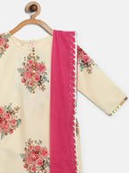 Ahalyaa Beige Crepe Floral Printed Kids Kurta Palazzo Set With Dupatta For Girls