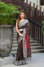 Beatitude Brown Cotton Jacquard Border Tangail Handloom Saree
