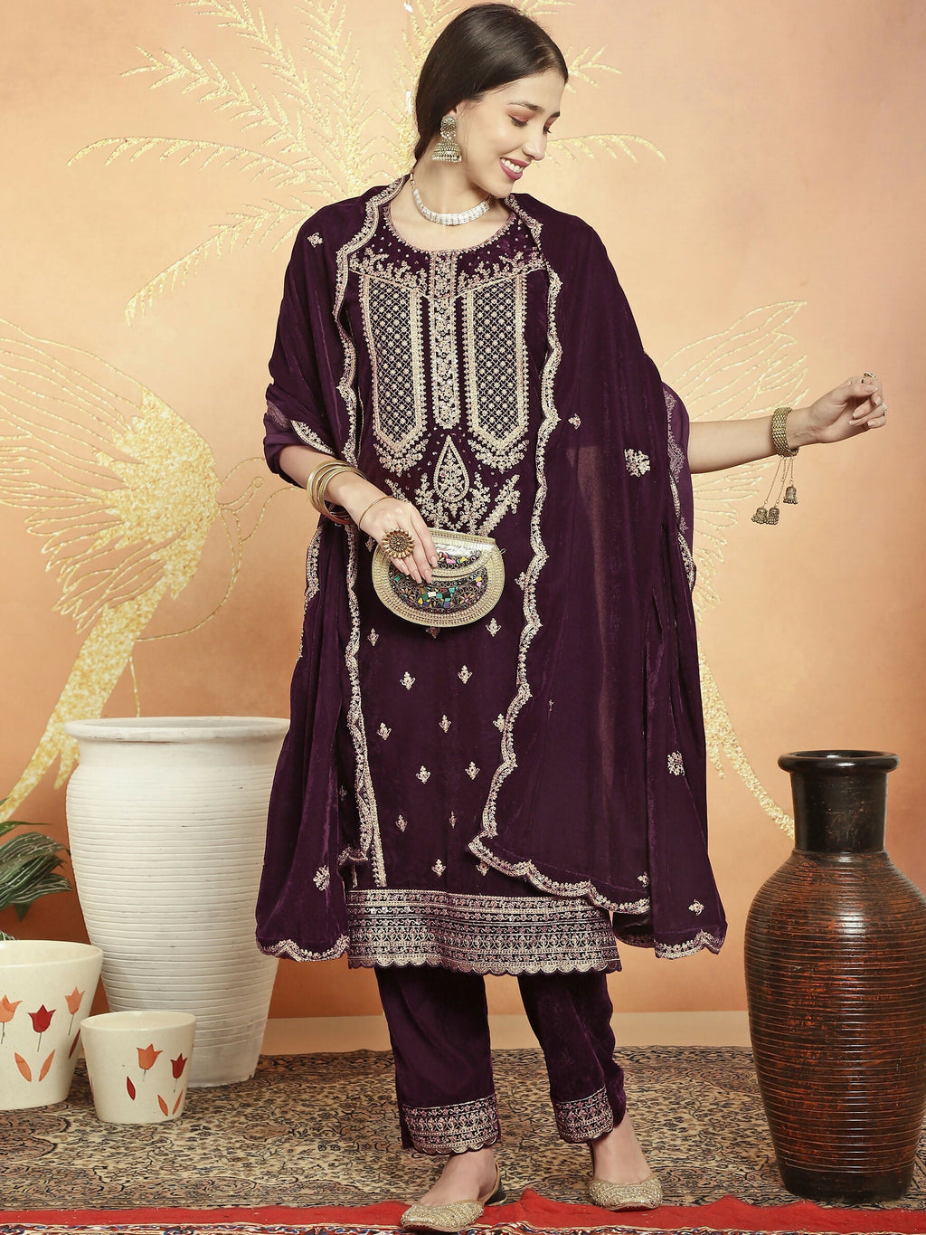 Jyoti Fashion Women's Wine Velvet Cording with Resham Thread & Sequin Kurta with Trouser & Dupatta