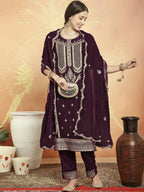 Jyoti Fashion Women's Wine Velvet Cording with Resham Thread & Sequin Kurta with Trouser & Dupatta