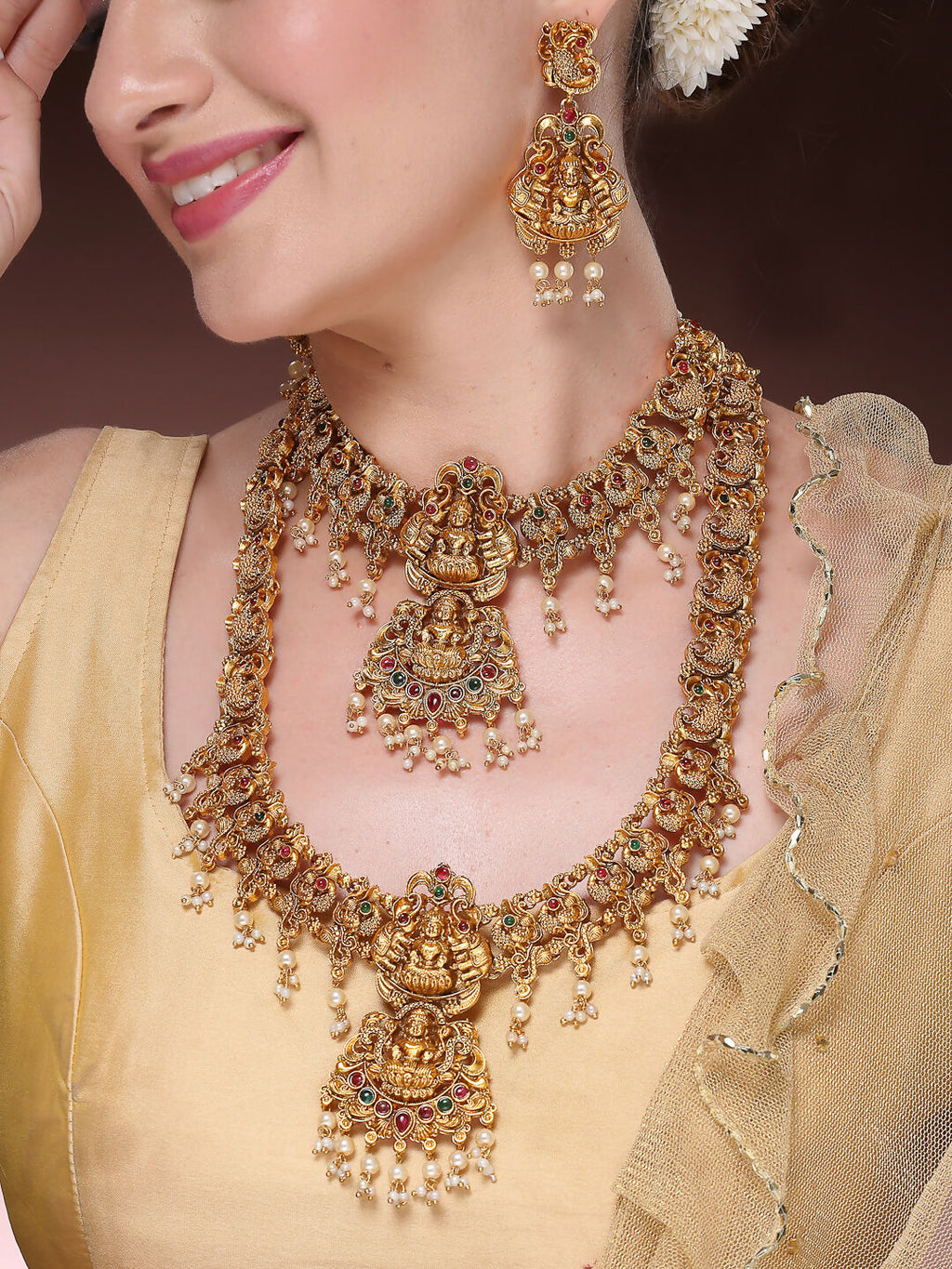 NVR Women's Set of 2 Gold-Polished Green & Red Stone Studded Lakshmi Design Temple Jewellery Set