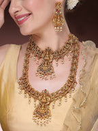 NVR Women's Set of 2 Gold-Polished Green & Red Stone Studded Lakshmi Design Temple Jewellery Set