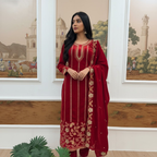 Joban Fashion Red Velvet Embroidery Sequence Work Readymade Kurta Set - Distacart