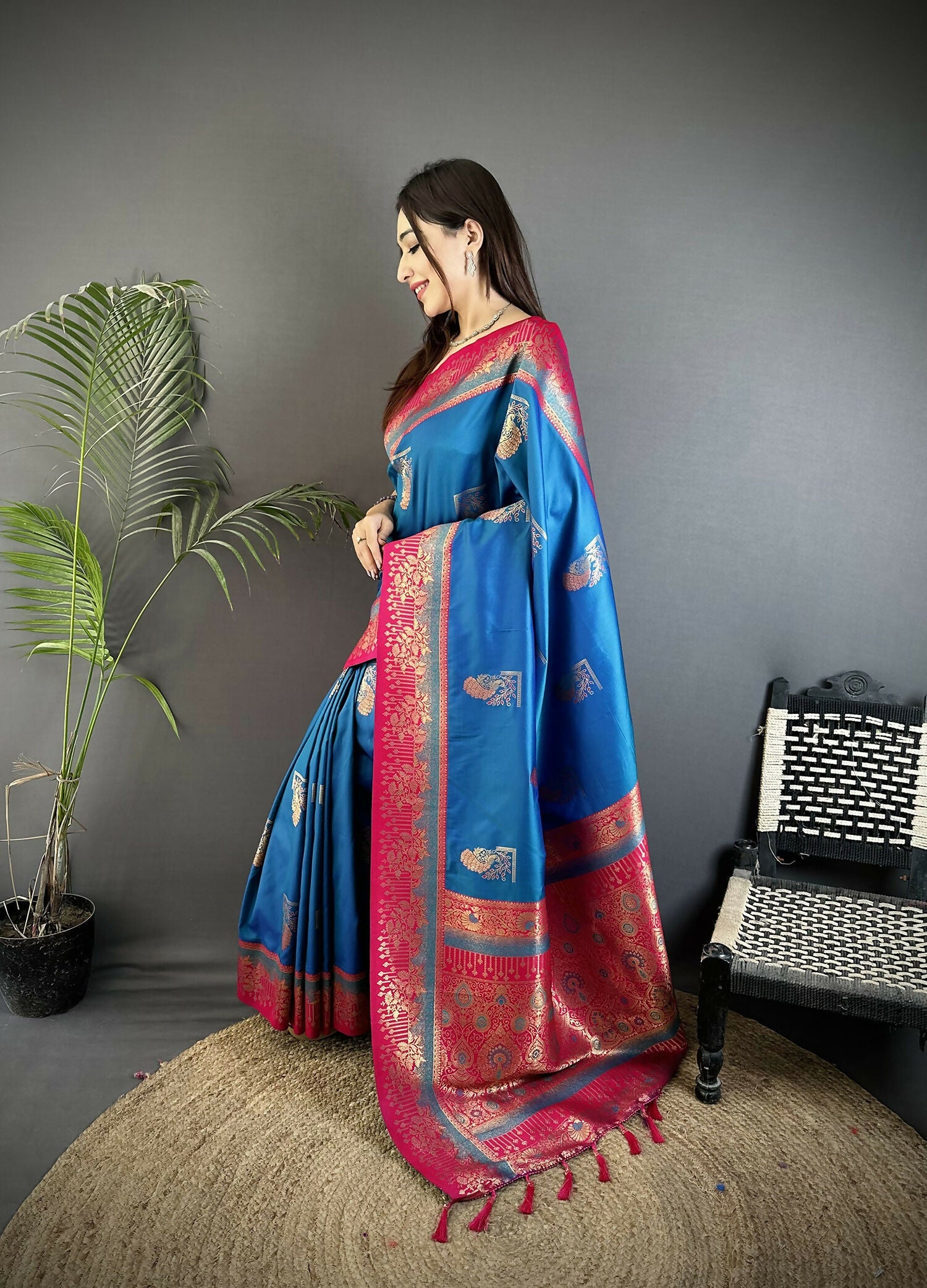 Joban Fashion Royal Blue Banarasi Soft Silk Peacock Butta Work Saree - Distacart