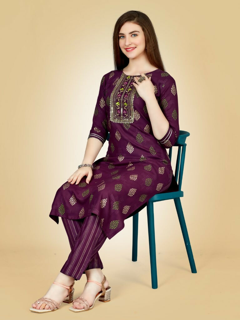 Jyoti Fashion Women's Wine Viscose Rayon Embroidered Kurta Pant Set