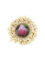 NVR Women's Traditional Ethnic Kundan Meenakari Gold-Polished Ajustable Finger Ring