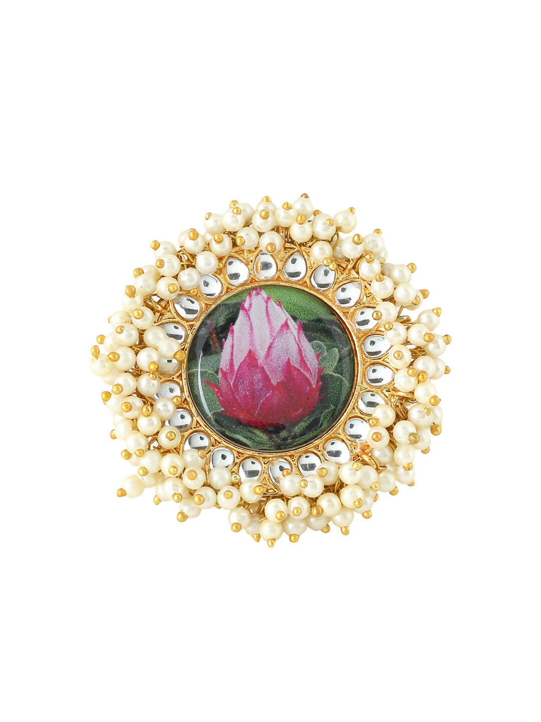 NVR Women's Traditional Ethnic Kundan Meenakari Gold-Polished Ajustable Finger Ring