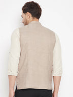 Even Apparels Cream Linen Men's Nehru Jacket-Contrast Lining-Inbuilt Pocket Square - Distacart