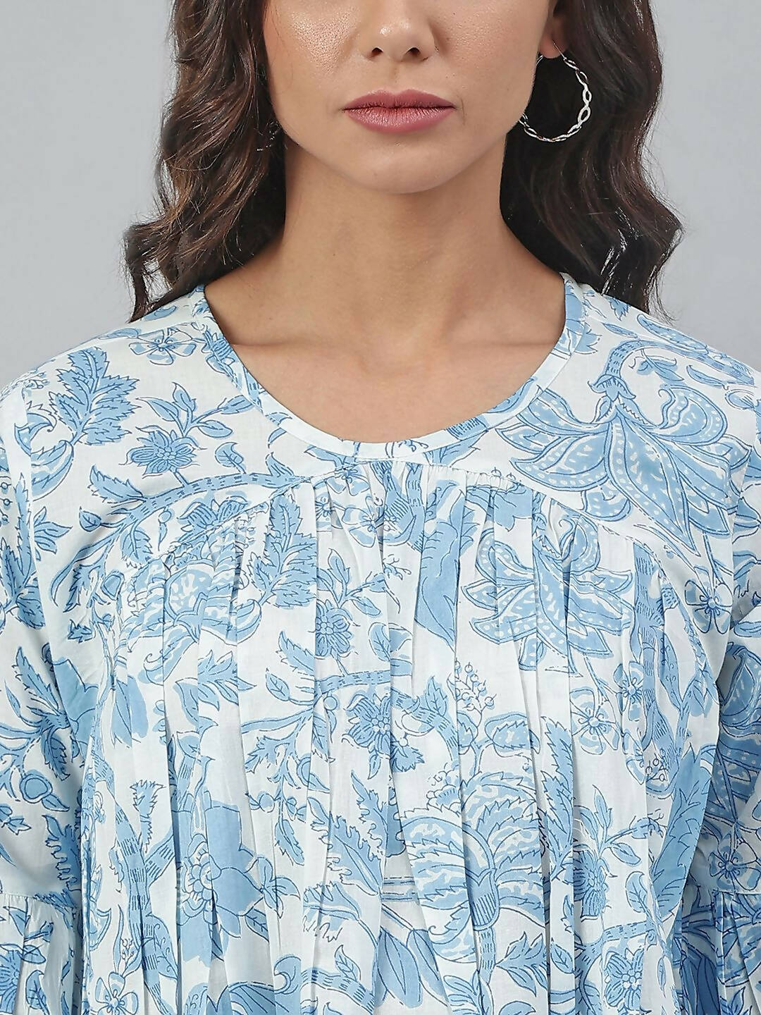 Janasya Women's White Cotton Floral Print Tiered Top - Distacart