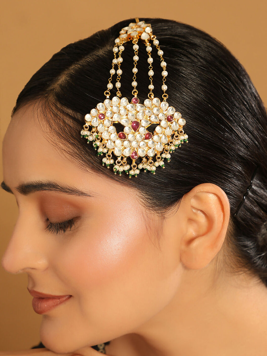 Nuyug 22K Gold-Plated Kundan & Red Stone Studded Jhumar Paasa Head Jewellery - Distacart
