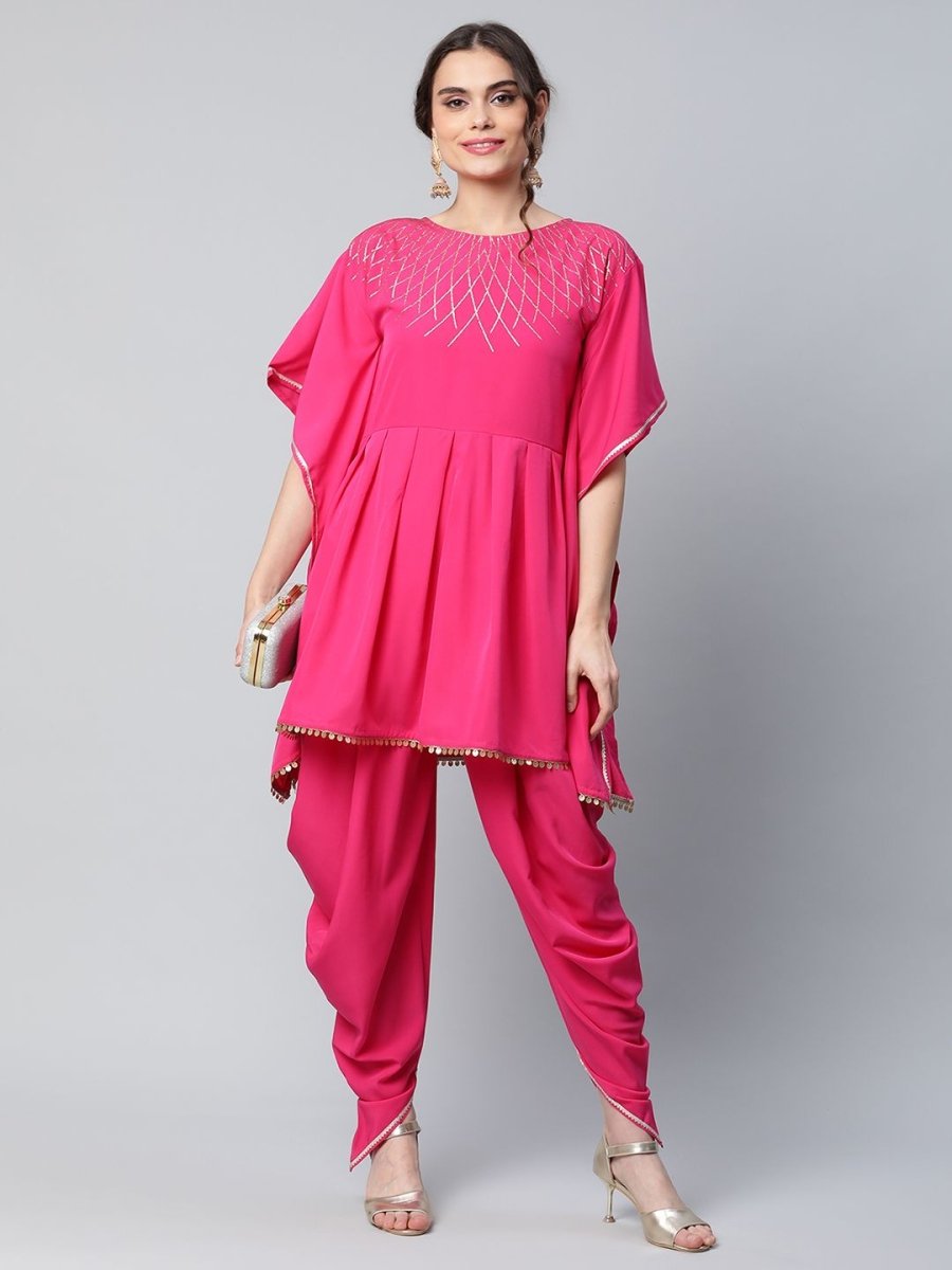 Ahalyaa Women Pink Crepe Glitter Printed Kurta with Dhoti Pants - Distacart