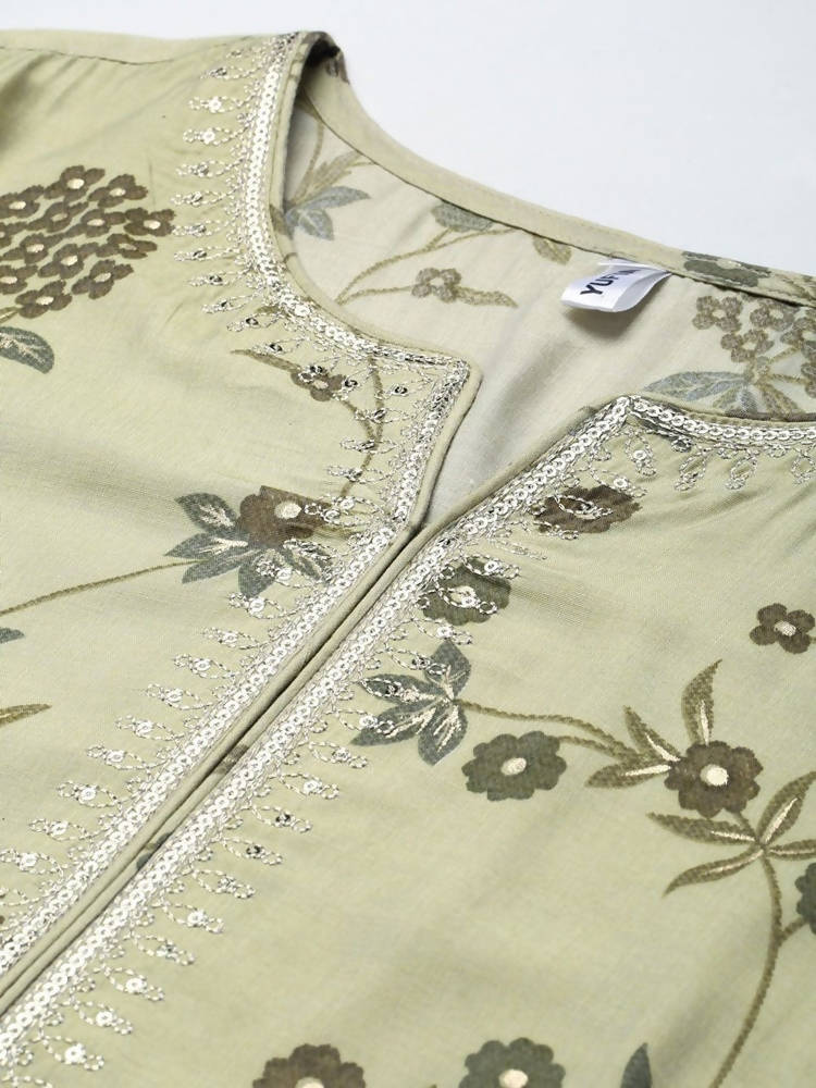 Yufta Women Olive Green Floral Printed Sequined Pure Silk Kurta with Palazzo and Dupatta