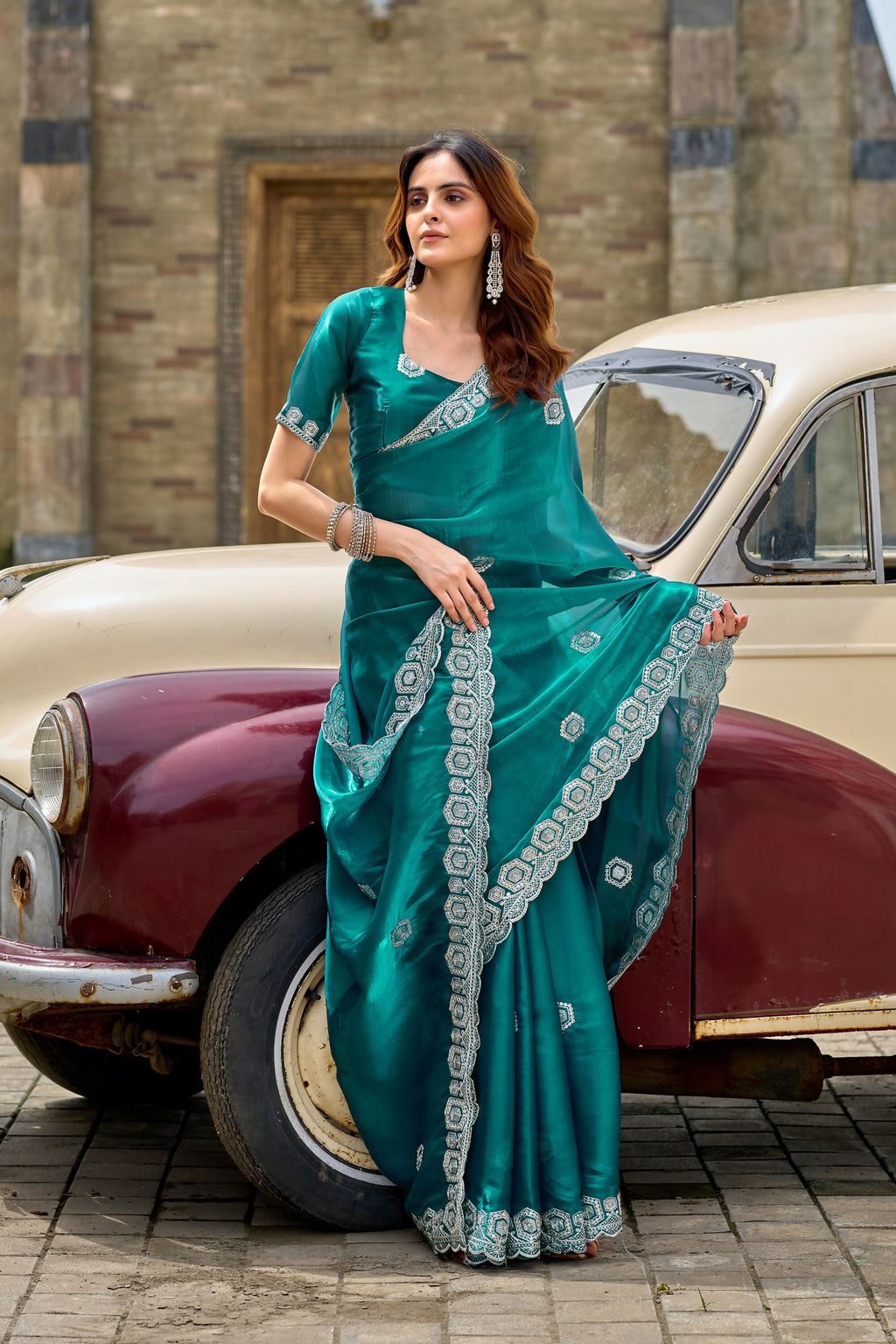 Vastranavya Rama Embroidery Work Shimmer Chiffon Saree with Unstitched Blouse - Distacart