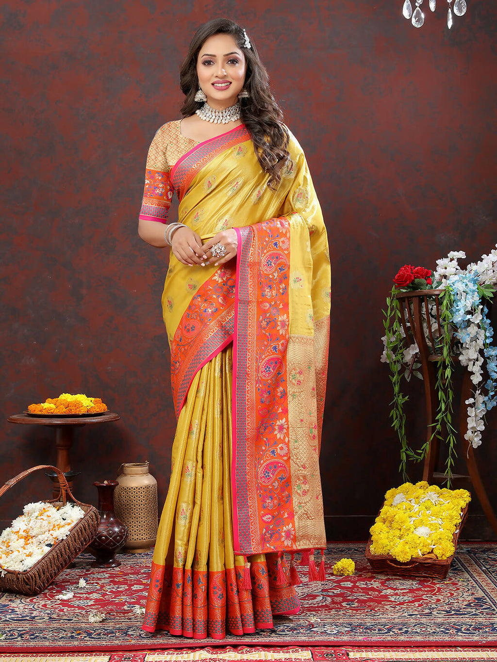 Lorenvalley Fashion Yellow Kanjivaram Silk Woven Design with Zari Weaving Saree
