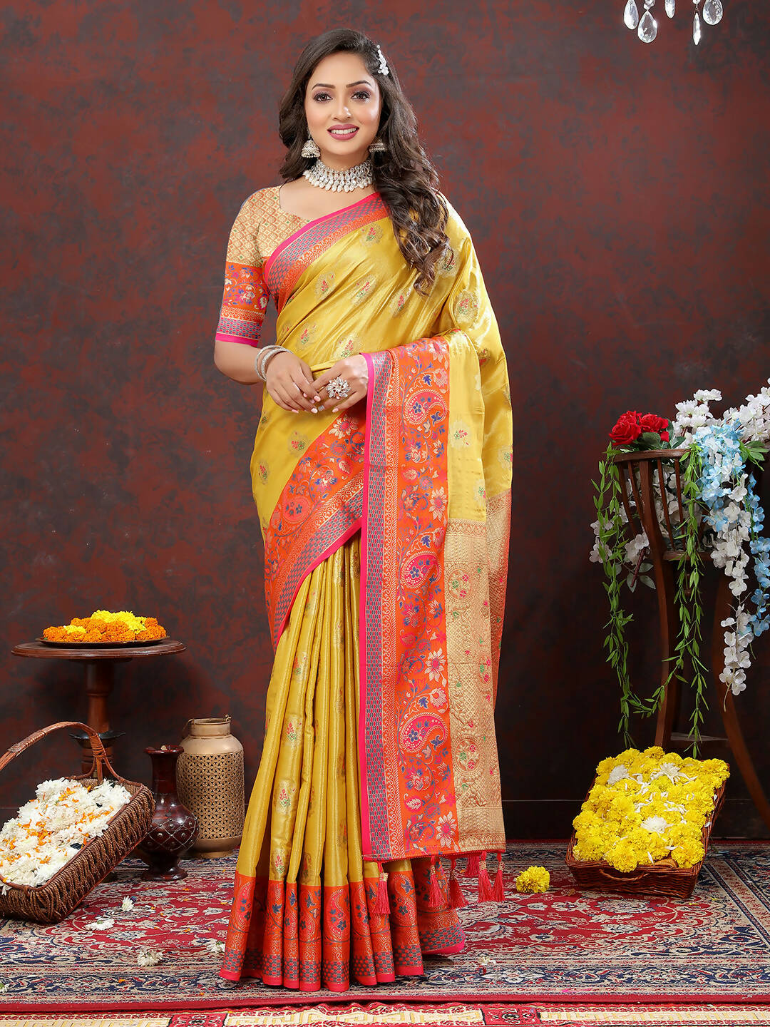 Lorenvalley Fashion Yellow Kanjivaram Silk Woven Design with Zari Weaving Saree