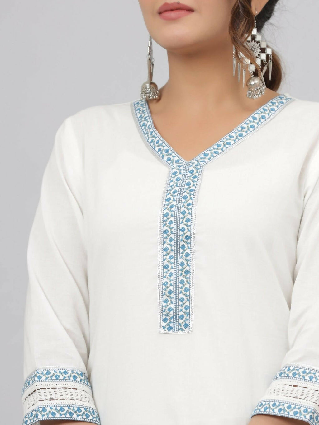 Juniper Women's White Cotton Cambric Solid Kurta Floral Printed Pant & Dupatta Set - Distacart