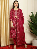 Jyoti Fashion Women's Red Pashmina Floral Digital Printed Kurta with Trouser & Dupatta
