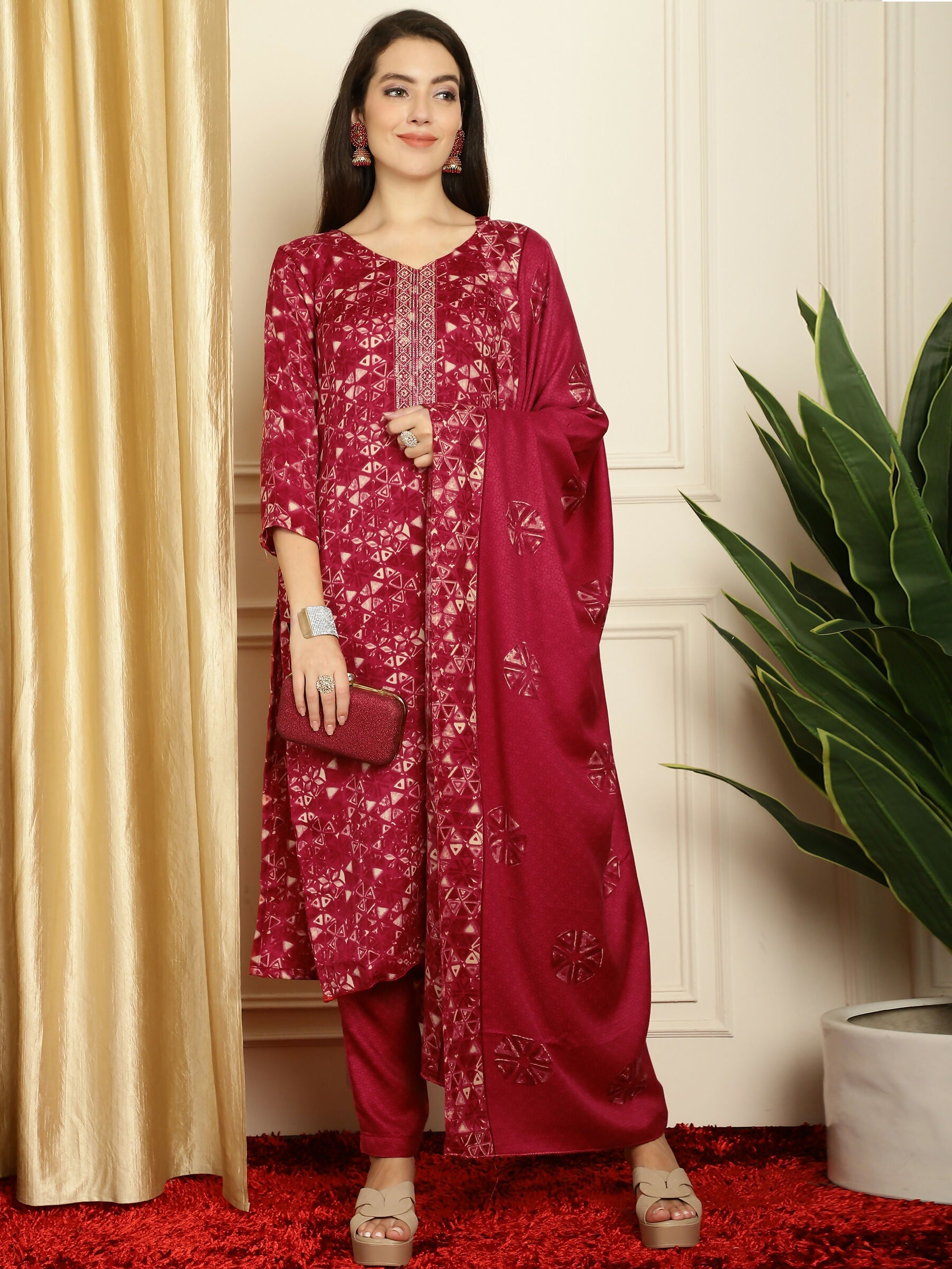Jyoti Fashion Women's Red Pashmina Floral Digital Printed Kurta with Trouser & Dupatta