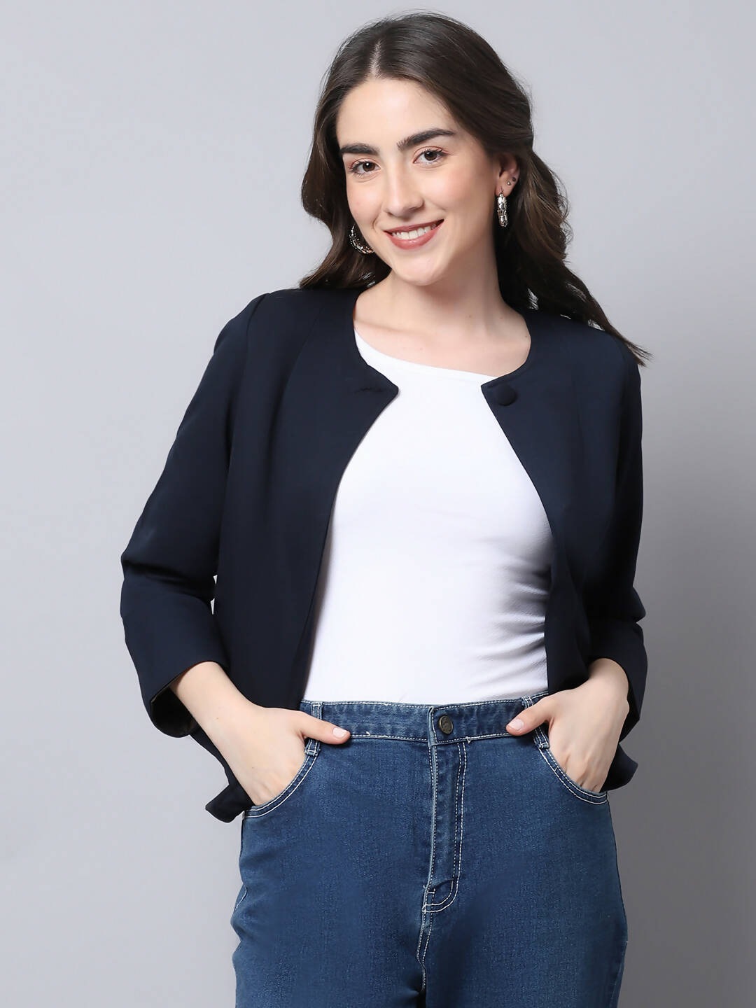 Even Apparels Navy Polywool Open Front Statement Women's Jacket