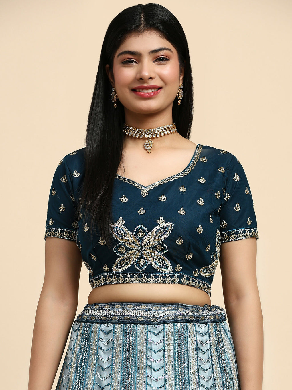 Blue Fancy Net Sequence Embroidered Lehenga Choli with Dupatta - Dhara