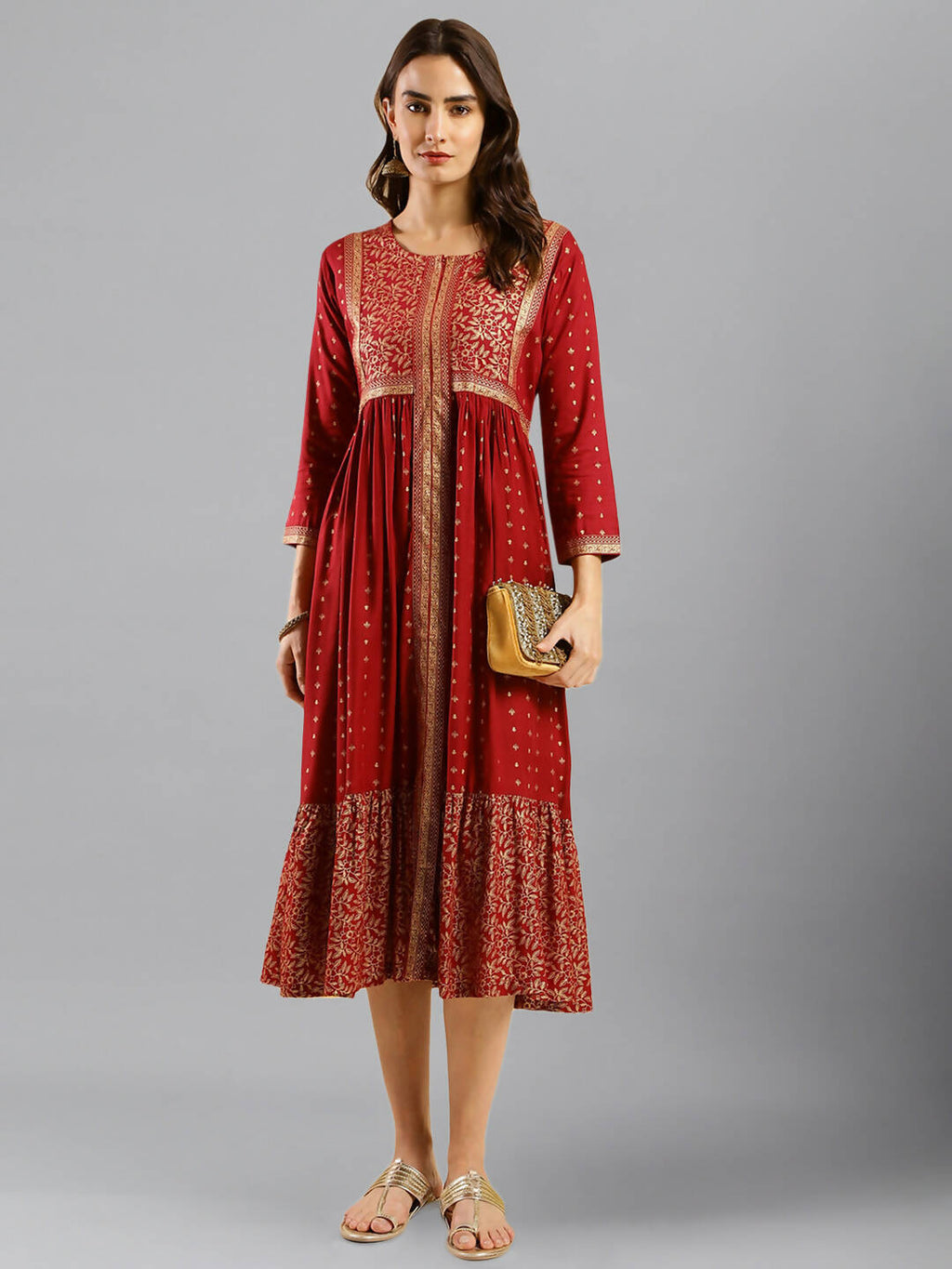 Maroon Viscose Rayon Ethnic Motifs Aline Dress - Poonam - Distacart