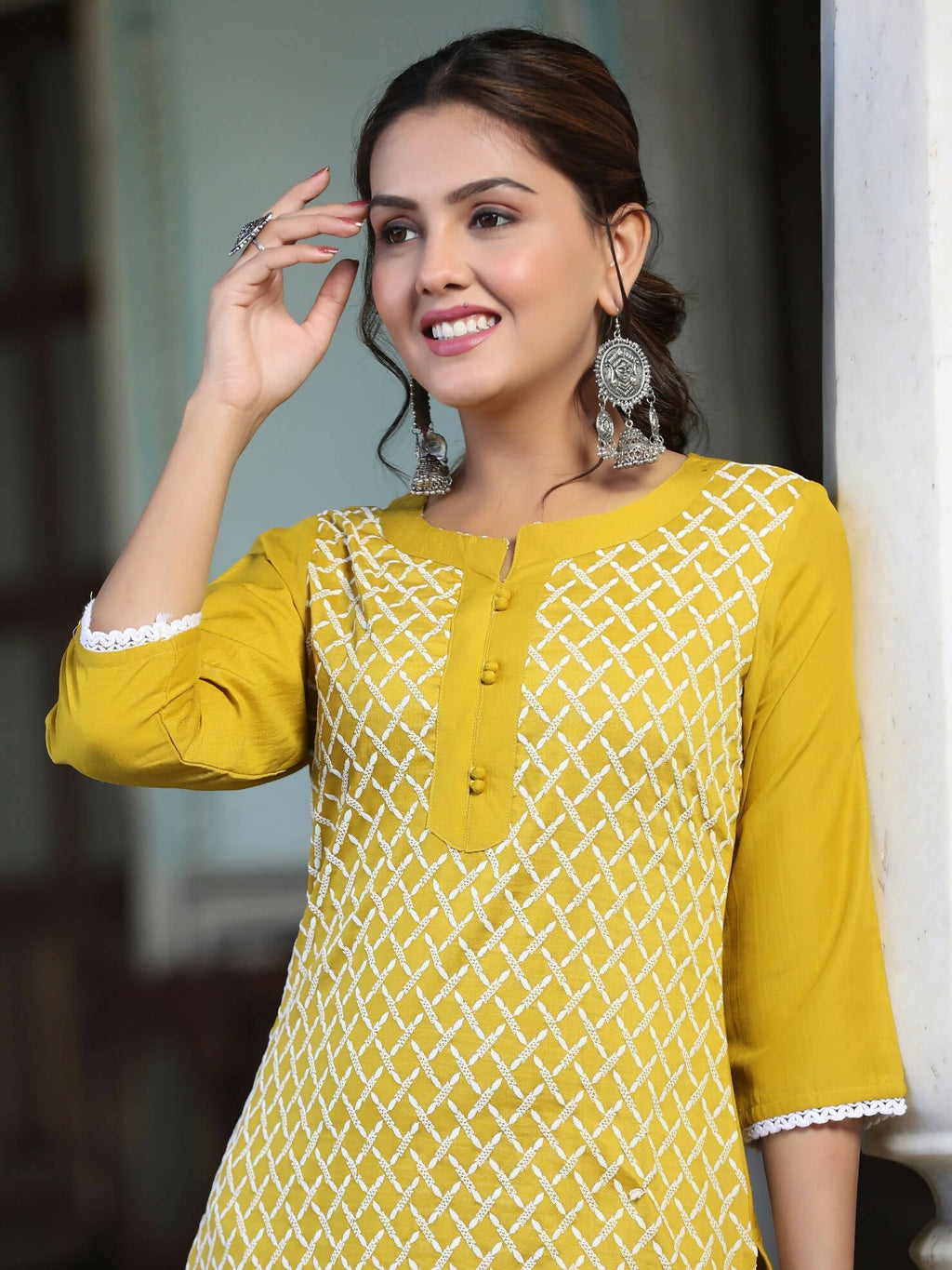 Juniper Women's Mustard Chinnon Embroidered Kurta Garara Set - Distacart