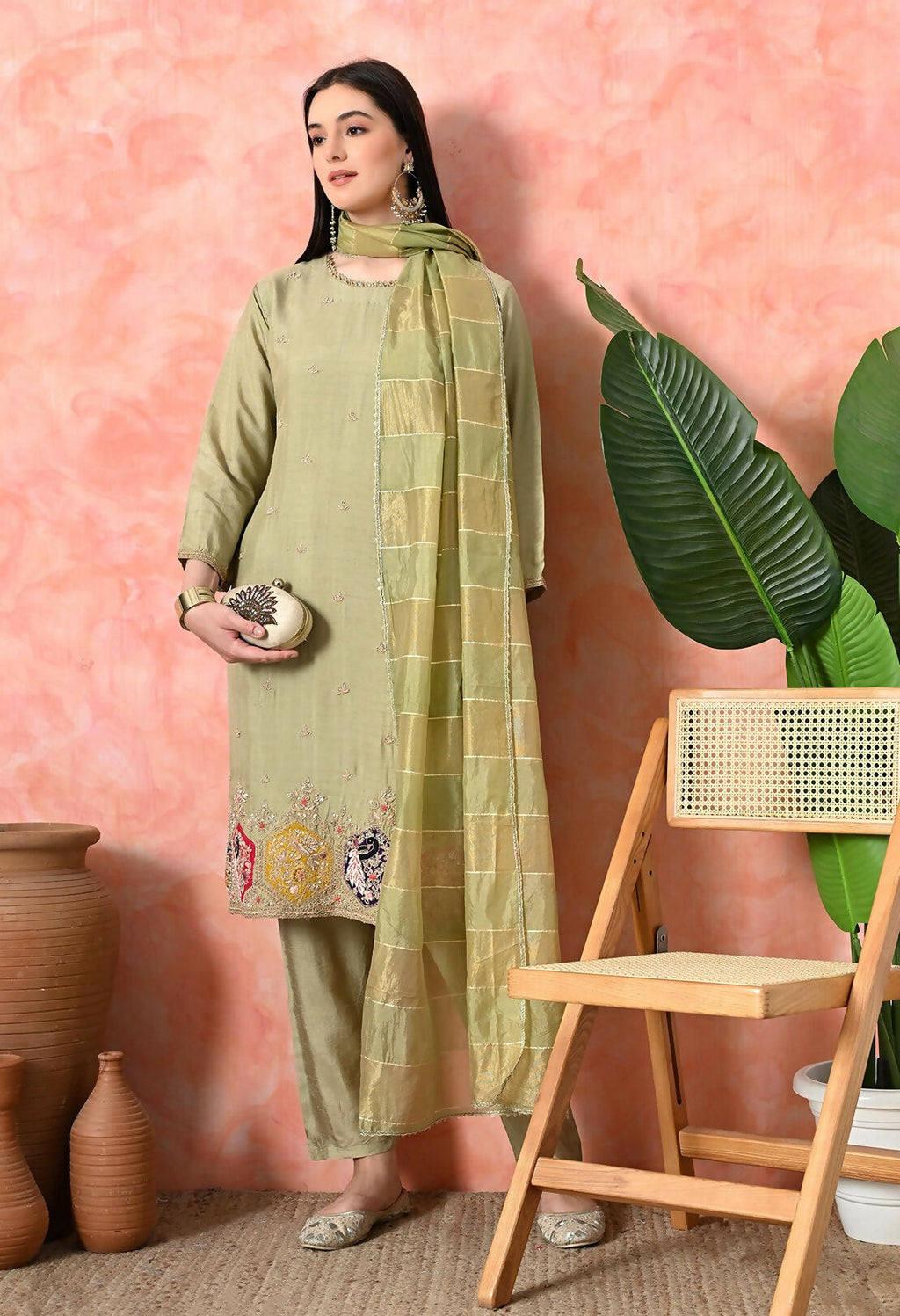 Joban Fashion Light Green Premium Pure Viscose Print Dola With Handwork Kurta Set