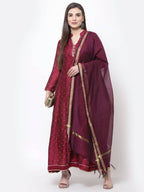 Myshka Women's Wine Georgette Printed 3/4 Sleeve Mandarin Neck Casual Anarkali Kurta Dupatta Set