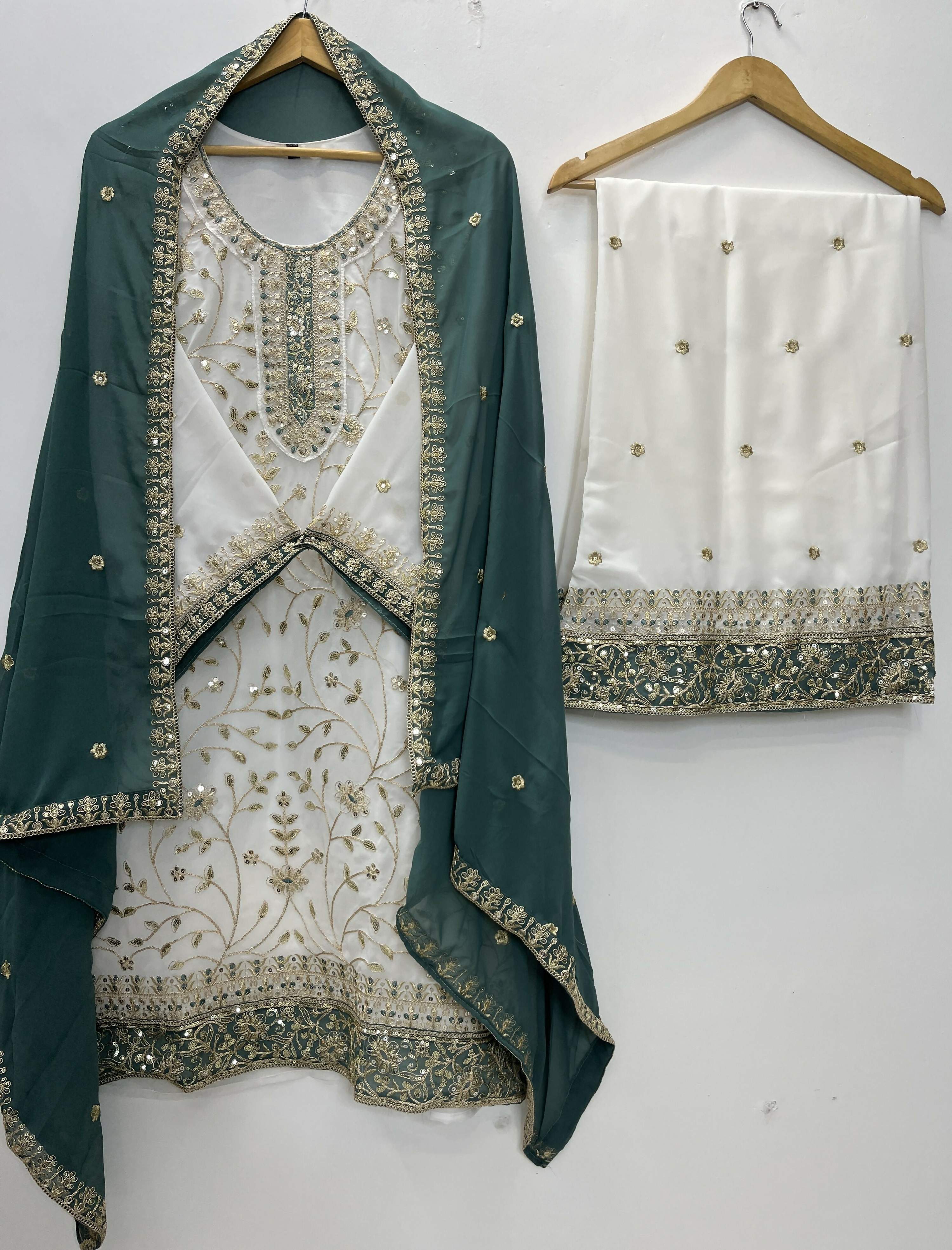 Teeya Creation White Color Faux Georgette Embroidery Work Long Party Wear Palazzo Suit - Distacart