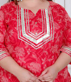 Miravan Plus Size Red Floral Print Embroidered Cotton Straight Kurta With Palazzo & Dupatta - Distacart