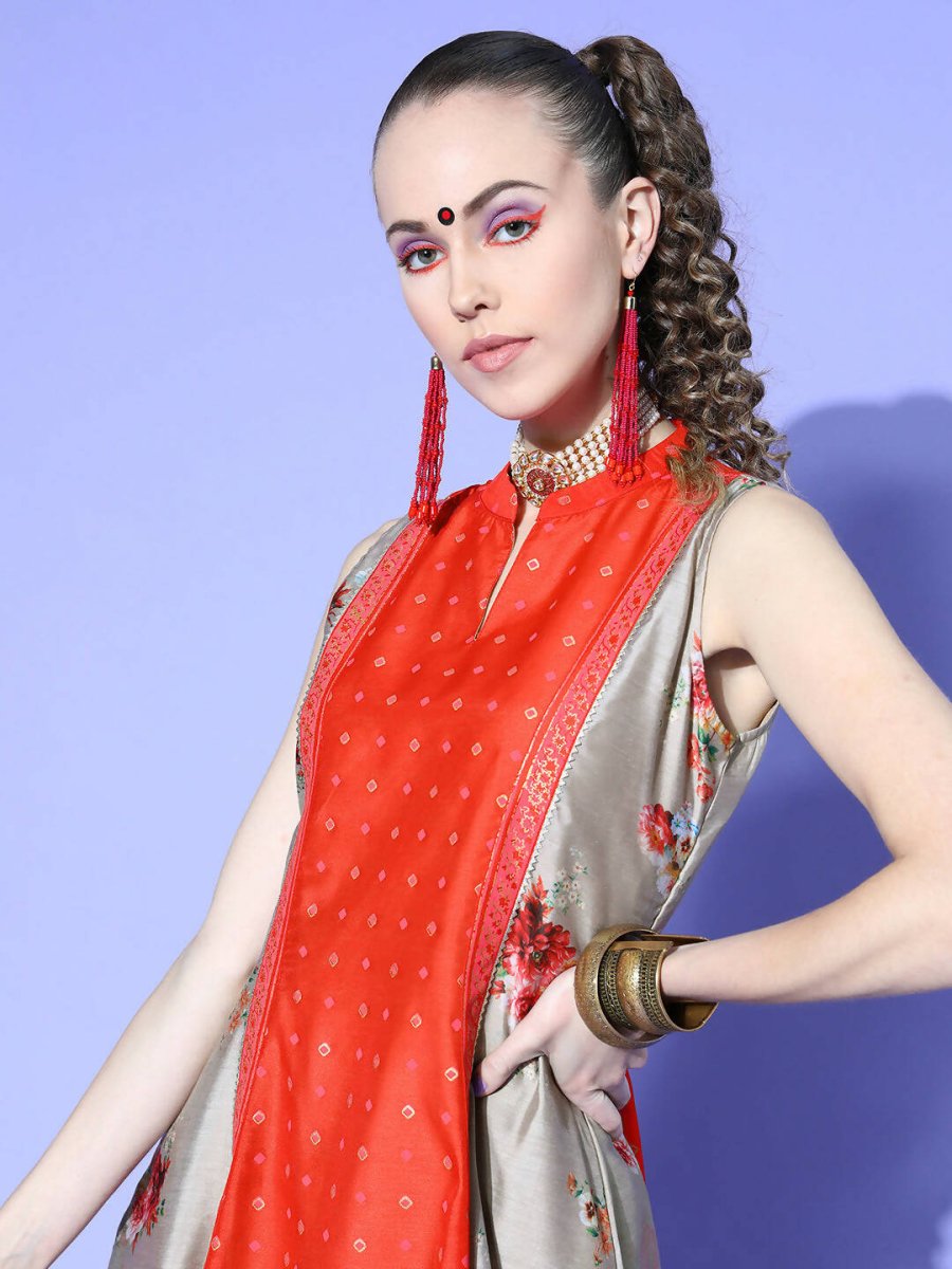 Ahalyaa Women Beige Colour Chanderi Digital Printed Kurta Palazzo Set - Distacart