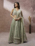 House of Panchhi Lime Green Pure Georgette Sequins with heavy Zarkan embroidery Lehenga choli & Dupatta