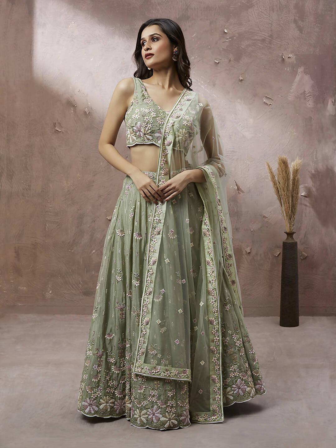 House of Panchhi Lime Green Pure Georgette Sequins with heavy Zarkan embroidery Lehenga choli & Dupatta