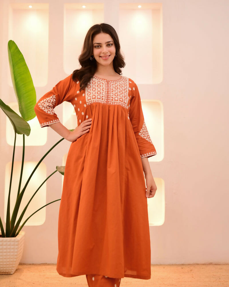 The52 Women's Beautiful Viscose Rayon Fabric Thread Work Flared Kurta Pant Set - Distacart