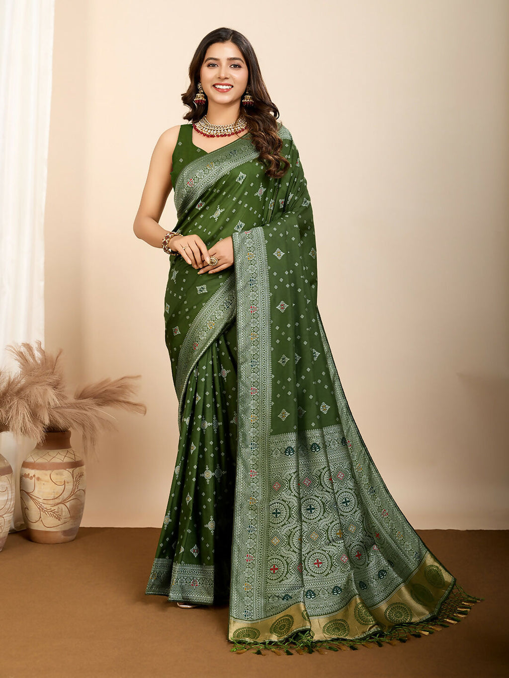 Olive Soft Silk Woven Meenakari Designer Saree - Vedanti