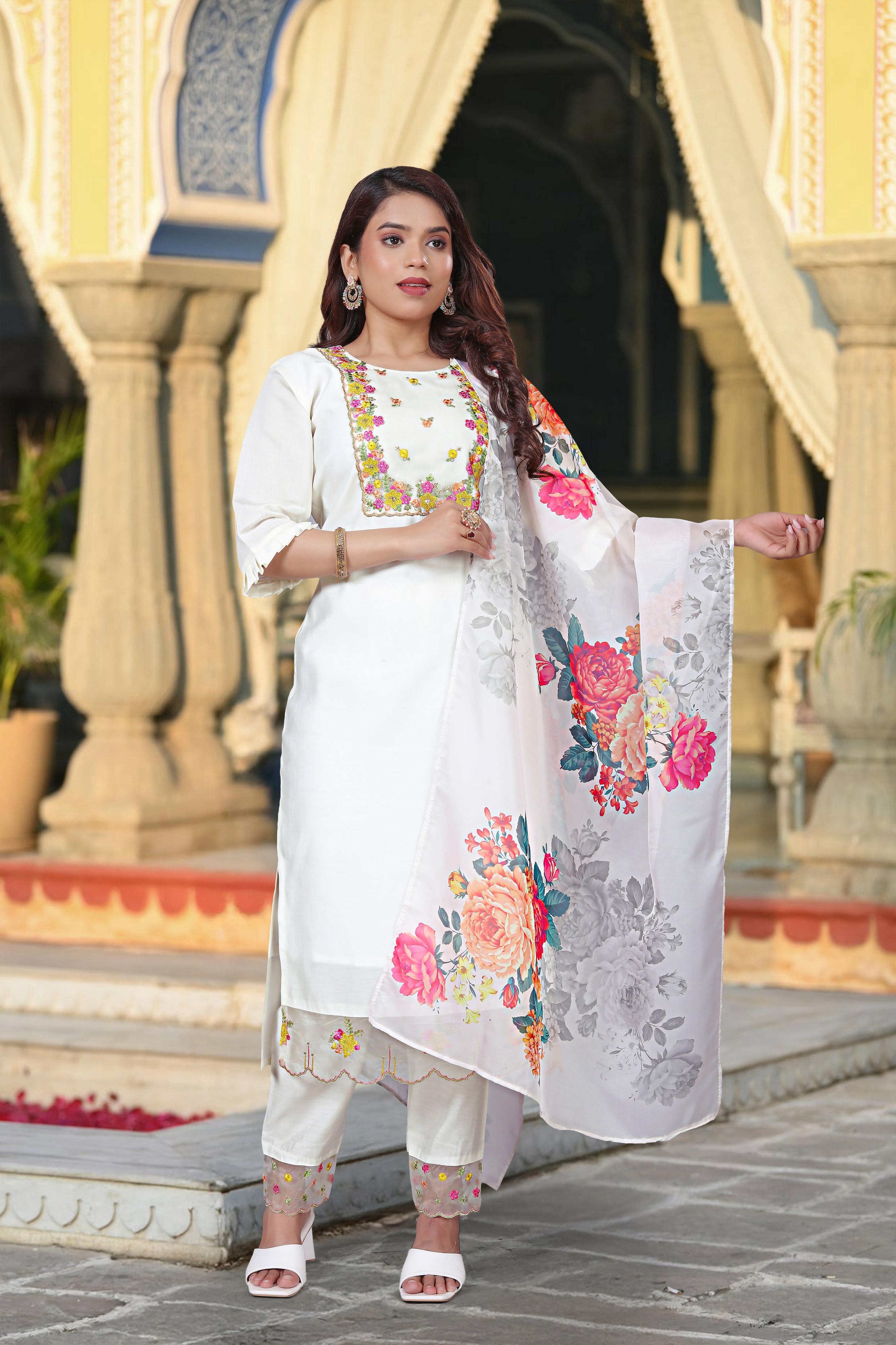 The52 Women's Beautiful Chanderi Fabric Embroidery Work Straight Kurta Pant and Dupatta Set - Distacart