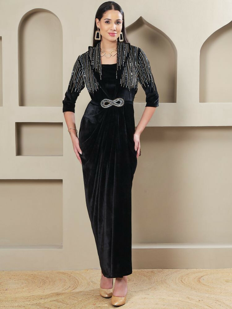 Joban Fashion Women Black Velvet Hand Embellishment Stitched Dress - Distacart