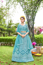 Blue Net Embroidered Semi Stitched Lehenga Choli with Dupatta - Bhagya