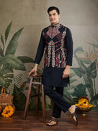 Vastranavya Black Exclusive Festival Viscose Silk Thread & Swarovski Embroidered Work Mens Wear Kurta & Koti