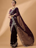 Purple Silk Embroidered Saree with Unstitched Blouse Piece - Satya